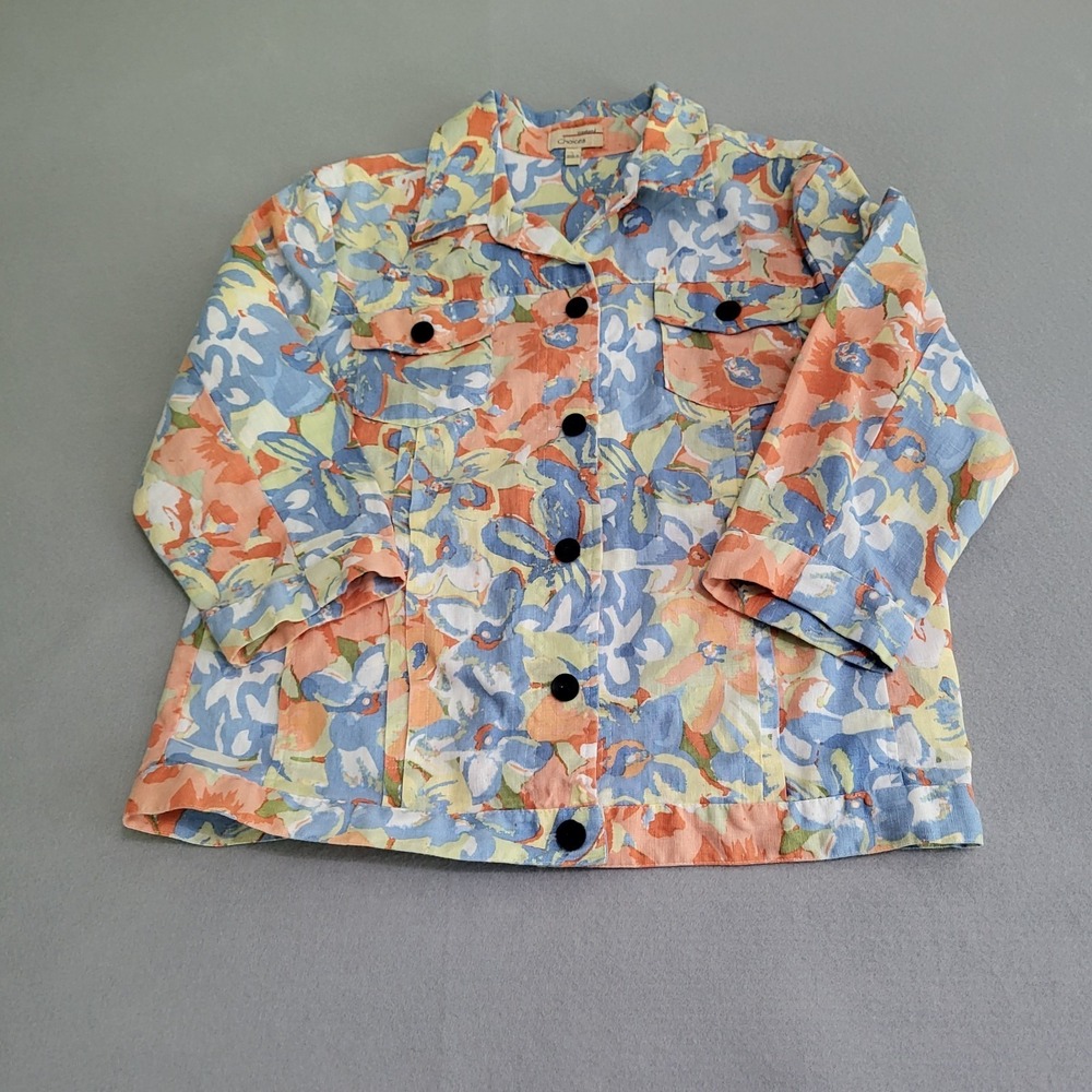 Choices 100% Linen Long Sleeve Button Front Floral Print Jacket Women's Size L